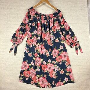 Love J Floral Off Shoulder Mini Dress 2X Navy Pink Cottagecore Feminine Wedding